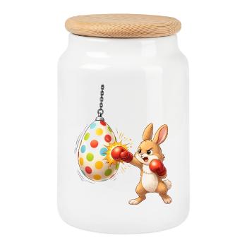 Boxer un lapin de Pâques avec un sac de frappe aux œufs de Pâques - Boîte à biscuits avec couvercle en bois - blanc - Devant