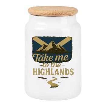 Highlands Reise Vintage Motiv - Keksdose mit Holzdeckel - Weiß - Vorne