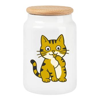 Lèche la patte, chat cartoon mignon à patte - Boîte à biscuits avec couvercle en bois - blanc - Devant