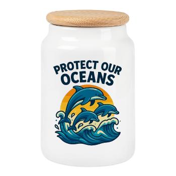 Protect Our Oceans – Dolphin Protection Shirt Sea Lie - Cookie Jar with Wooden Lid - white - Front