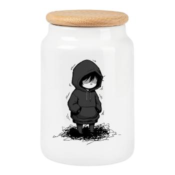 Kinderhoodie mit dunkler Augenmaske - Keksdose mit Holzdeckel - Weiß - Vorne