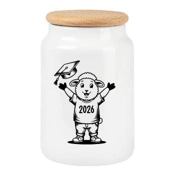 Remise des diplômes du Happy Sheep Doctoral Hat 2026 - Boîte à biscuits avec couvercle en bois - blanc - Devant