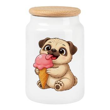 Dessin animé de chien mignon avec de la glace - Boîte à biscuits avec couvercle en bois - blanc - Devant