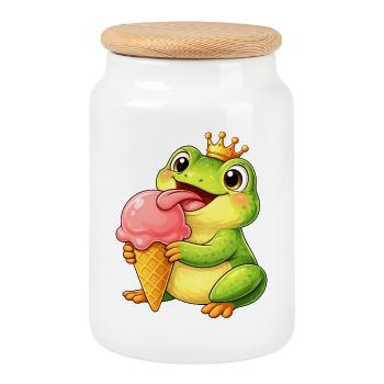 Mignon roi grenouille avec de la glace - Boîte à biscuits avec couvercle en bois - blanc - Devant