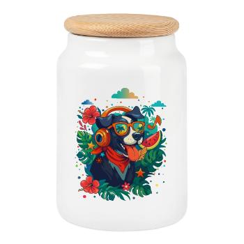 Chien de fête dans un casque - Boîte à biscuits avec couvercle en bois - blanc - Devant