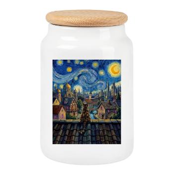 Tabby-Katze Sternennacht-Dorf-Kunst - Keksdose mit Holzdeckel - Weiß - Vorne