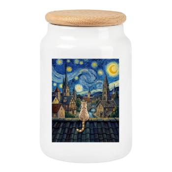Sternennachtskatze mit Blick auf Dorfkunst - Keksdose mit Holzdeckel - Weiß - Vorne