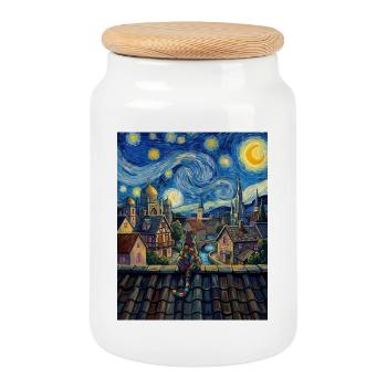 Regenbogenkatze Sternennacht Van Gogh Kunst - Keksdose mit Holzdeckel - Weiß - Vorne