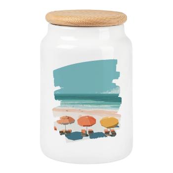 Colorful beach with umbrellas - Cookie Jar with Wooden Lid - white - Front