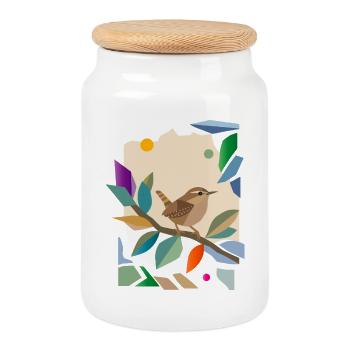 Wren Songbird Garden Bird Design - Cookie Jar with Wooden Lid - white - Front