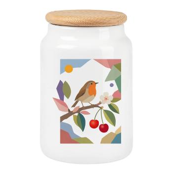 Rotkehlchen Vogel auf Ast Kirsch Design - Keksdose mit Holzdeckel - Weiß - Vorne