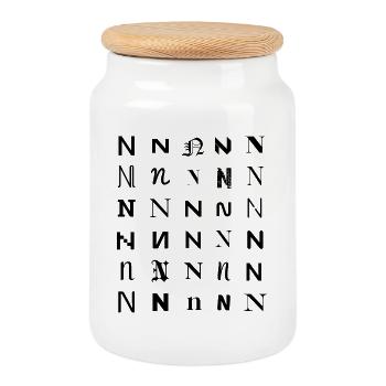 Typography N monogram letter mosaic design - Cookie Jar with Wooden Lid - white - Front