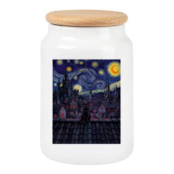 Midnight Cat sur la silhouette tourbillonnante - Boîte à biscuits avec couvercle en bois - blanc - Devant