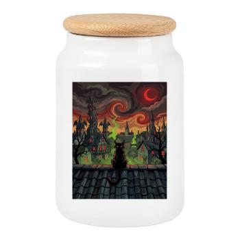 Le chat sur le toit de minuit à Witch Town - Boîte à biscuits avec couvercle en bois - blanc - Devant
