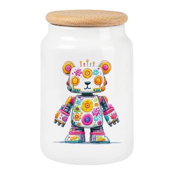 Colorful Robot Bear Neon Print - Cookie Jar with Wooden Lid - white - Front