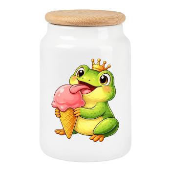 Süßer Frosch mit Eiskrone Sommer Eiscreme Cartoon - Cookie Jar with Wooden Lid - white - Front