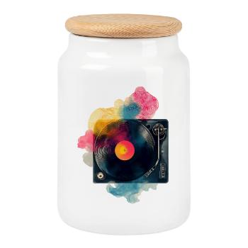Design de platine vinyle en vinyle à splash couleur - Boîte à biscuits avec couvercle en bois - blanc - Devant