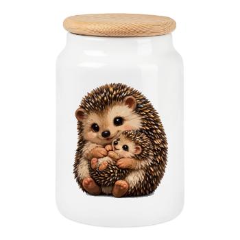 Mother and Baby Hedgehog Cuddle Illustration - Cookie Jar with Wooden Lid - white - Front