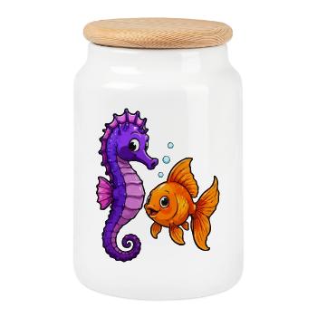 Seahorse meets goldfish friendship - Cookie Jar with Wooden Lid - white - Front