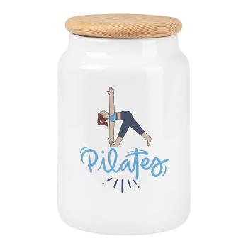 Pilates-Pose und blaue Buchstaben - Keksdose mit Holzdeckel - Weiß - Vorne