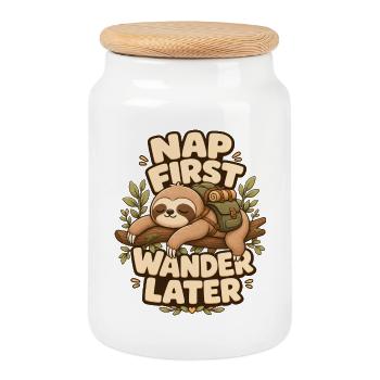 Nap First Wander Later Sloth - Cookie Jar with Wooden Lid - white - Front