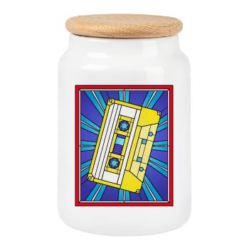 Stained Glass Cassette Tape Illustration - Cookie Jar with Wooden Lid - white - Front
