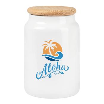 Aloha Palm and Vague Soleil - Cookie Jar with Wooden Lid - white - Front