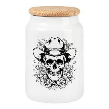 Skull Skull Cowboy Hat Roses Western Botanical - Cookie Jar with Wooden Lid - white - Front
