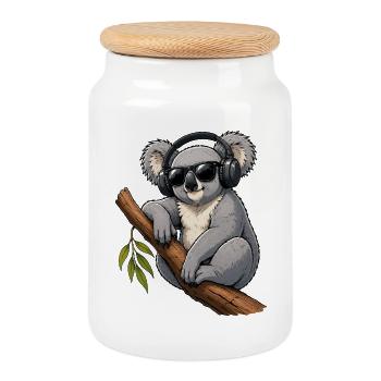 Cooler Koala mit Kopfhörern und Sonnenbrille  - Keksdose mit Holzdeckel - Weiß - Vorne
