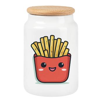 Dessin animé Kawaii French Fries - Boîte à biscuits avec couvercle en bois - blanc - Devant