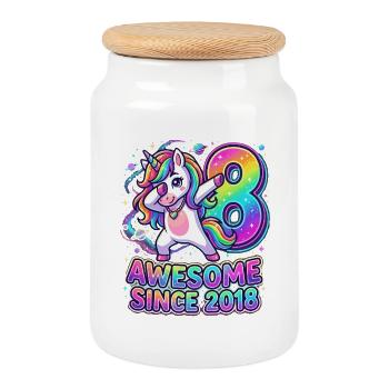 Rainbow Unicorn: Awesome since 2018 - Cookie Jar with Wooden Lid - white - Front
