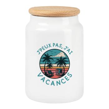 Vacances rétro: Palmiers et plage - Boîte à biscuits avec couvercle en bois - blanc - Devant