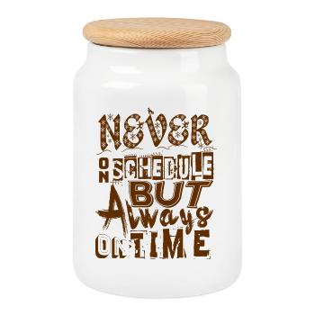 Jamais dans les temps, mais toujours à l’heure - Boîte à biscuits avec couvercle en bois - blanc - Devant