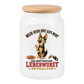 Mein Hund hört aufs Wort, mit Leberwurst - Keksdose mit Holzdeckel - Weiß - Vorne