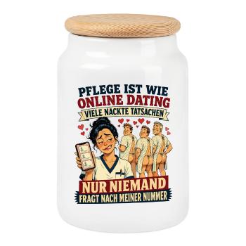 Pflege ist wie Online Dating - Keksdose mit Holzdeckel - Weiß - Vorne