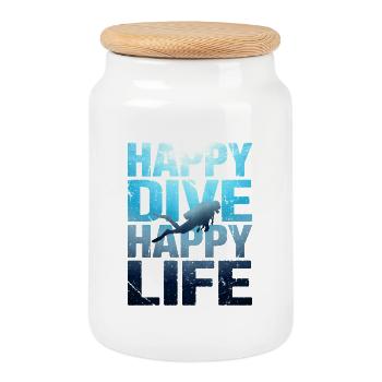 Happy Dive Happy Life – Vintage Scuba Diver - Keksdose mit Holzdeckel - Weiß - Vorne