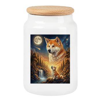 Howling to the Moon Meme Animal Dog Akita Inu - Cookie Jar with Wooden Lid - white - Front