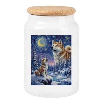Howling to the Moon Meme Animal Dog Akita Inu - Cookie Jar with Wooden Lid - white - Front