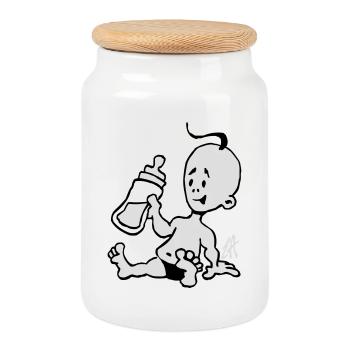 Bébé avec une bouteille de lait - Boîte à biscuits avec couvercle en bois - blanc - Devant