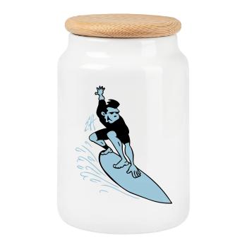 Two Color Surfer Drawing - Cookie Jar with Wooden Lid - white - Front