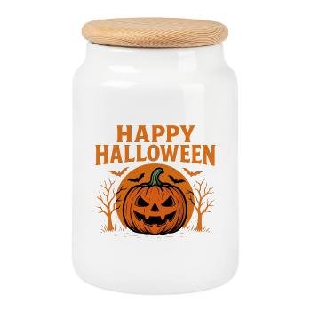 Happy Halloween pumpkin print - Cookie Jar with Wooden Lid - white - Front