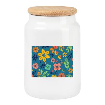 Motif floral de style rétro sur fond bleu foncé - Boîte à biscuits avec couvercle en bois - blanc - Devant