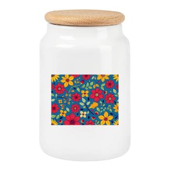 Motif floral avec rouge et jaune sur bleu - Boîte à biscuits avec couvercle en bois - blanc - Devant