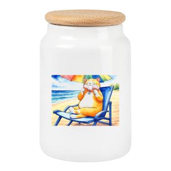 Katze am Strand mit Eiscreme - Cookie Jar with Wooden Lid - white - Front