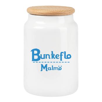 Centrum Malmö – Conception de texte bleu - Boîte à biscuits avec couvercle en bois - blanc - Devant