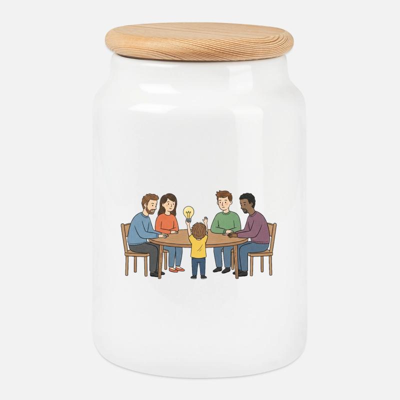 Collective idea around a table - Cookie Jar with Wooden Lid - white