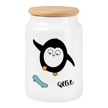Skater Pinguin - Keksdose mit Holzdeckel - Weiß - Vorne