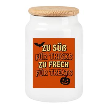 Halloween Spruch mit Kürbis und Fledermaus - Keksdose mit Holzdeckel - Weiß - Vorne