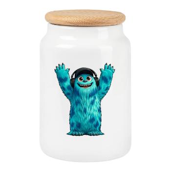 Monster Fluffonster® - DJ Fluffo - Hands Up - Cookie Jar with Wooden Lid - white - Front