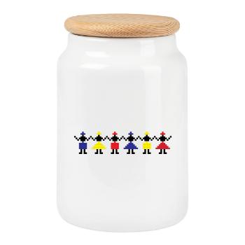 HORA - Traditional Romanian folk art - Cookie Jar with Wooden Lid - white - Front
